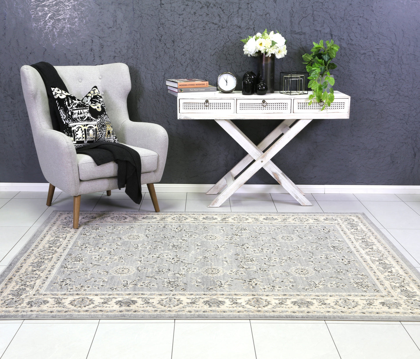 Aryana Grey Cream Border Rug
