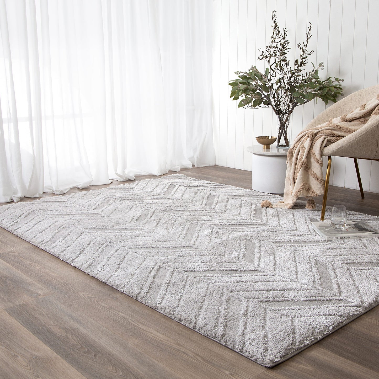 Authentic Chevron Silver Shag Rug