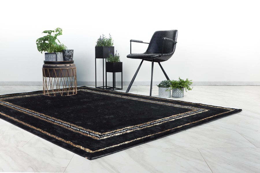 Adana 404 Black Rug with Gold & Silver Border