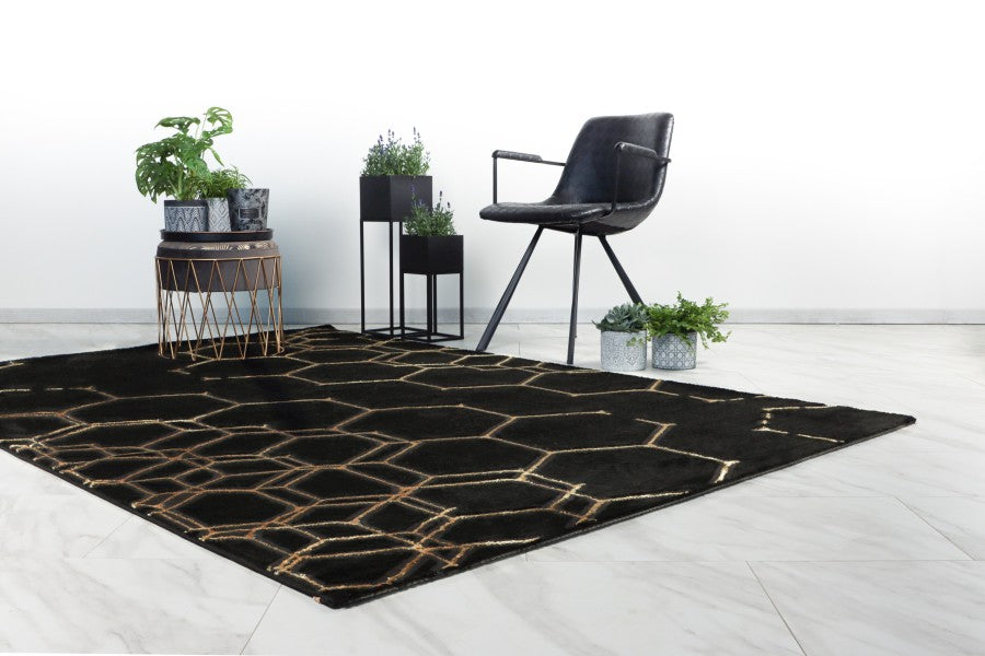 Adana 405 Black Rug with Gold Hexagon Pattern