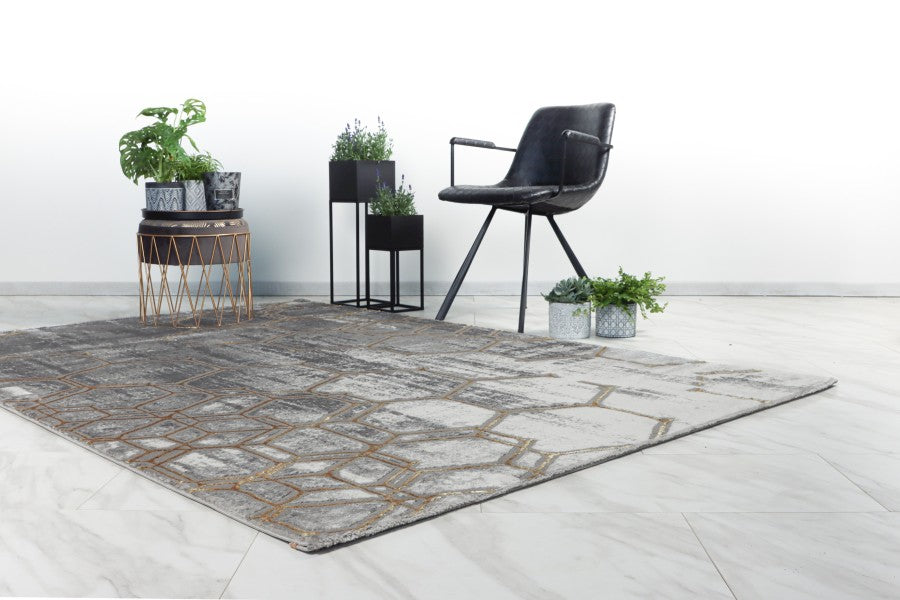 Adana 405 Grey Rug With Gold Hexagon Shape