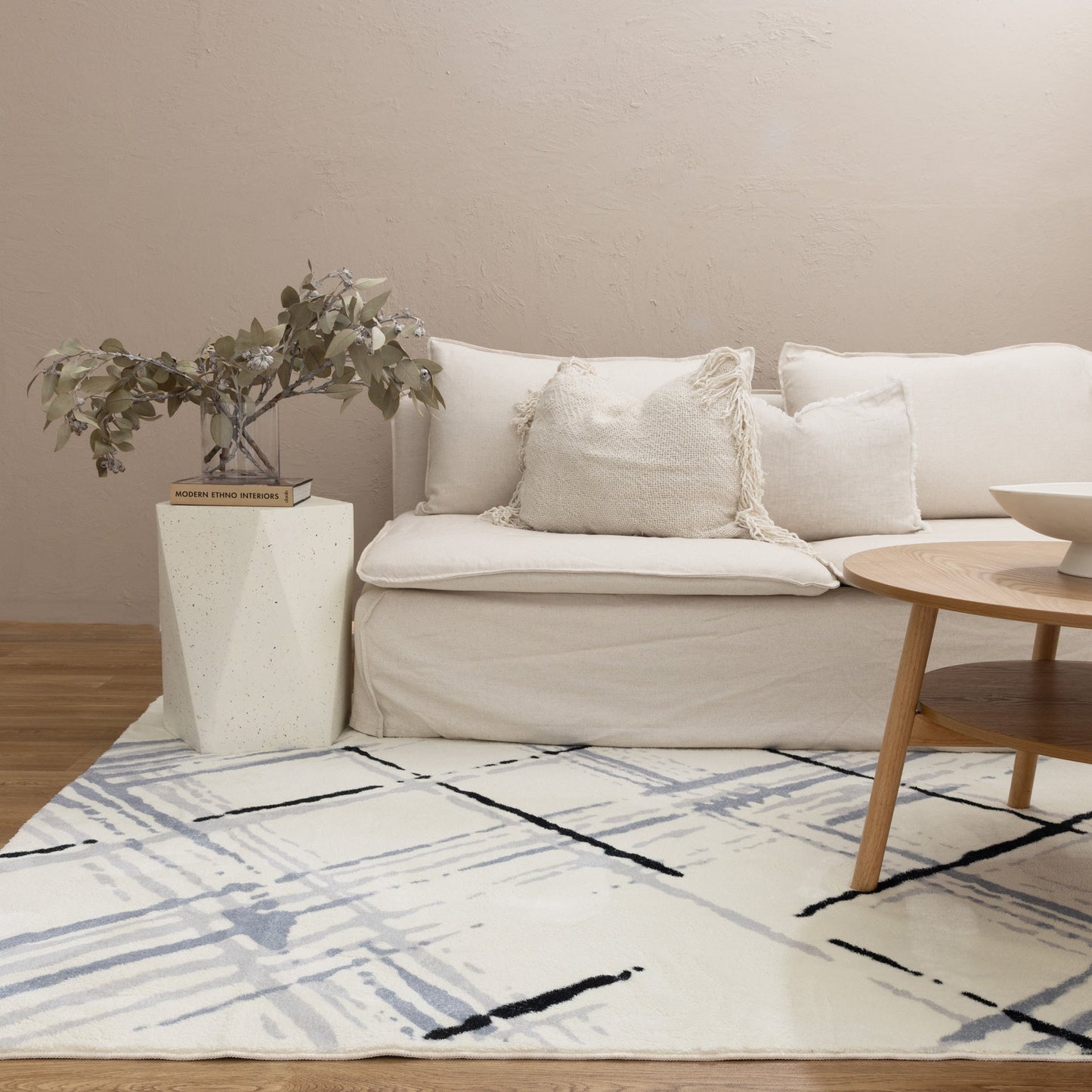 Cloud Geo Cream Blue Machine Washable Rug