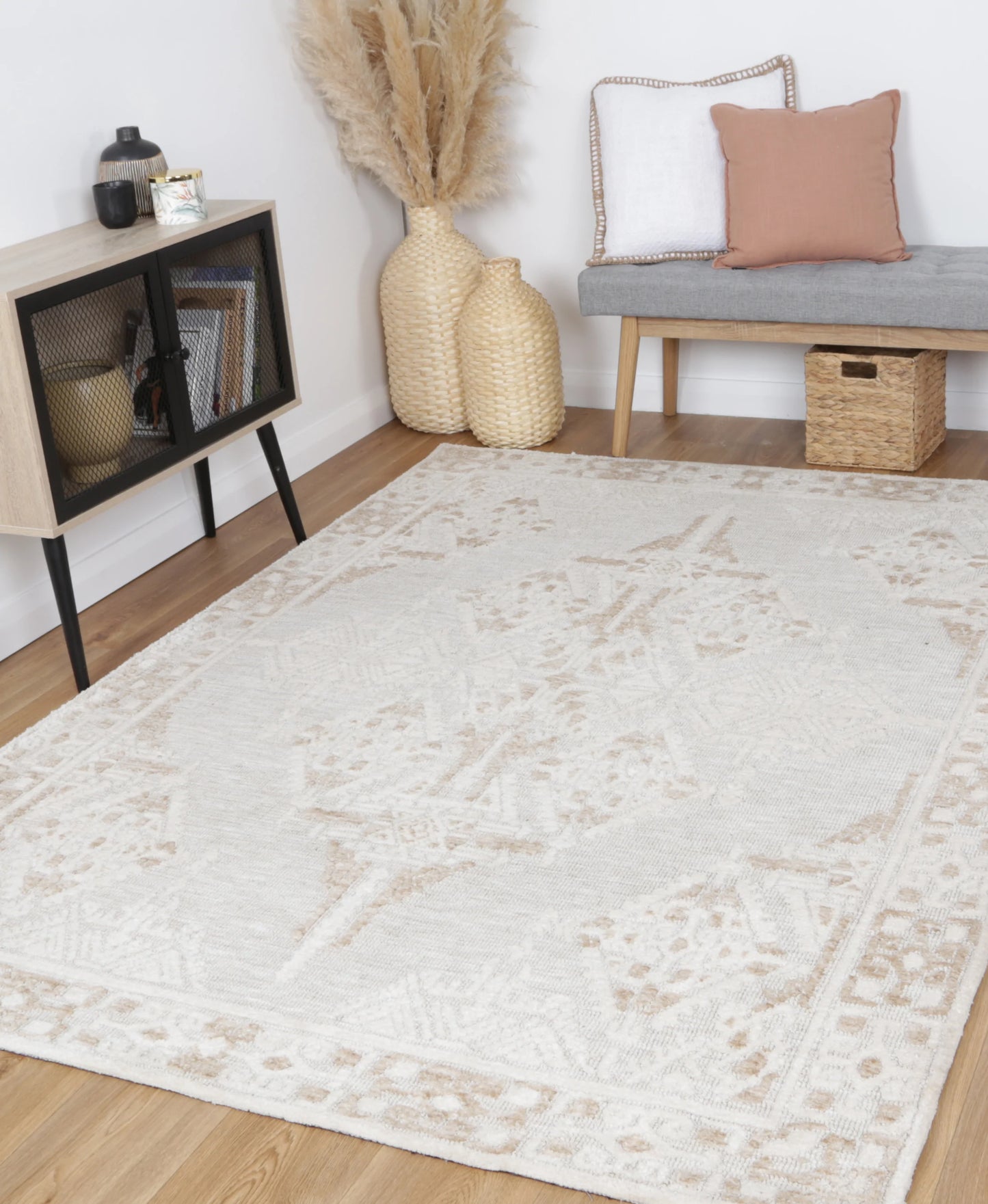 Zara Cream Cotton Blend Rug with traditional patterns