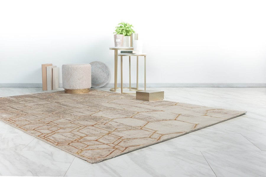 Adana 405 Beige Rug With Gold Hexagon Pattern