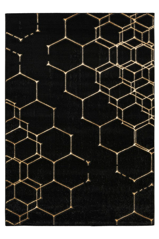 Adana 405 Black Rug with Gold Hexagon Pattern