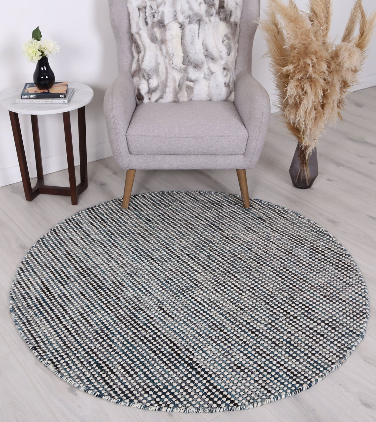 Napania Teal Reversible Wool Round Rug